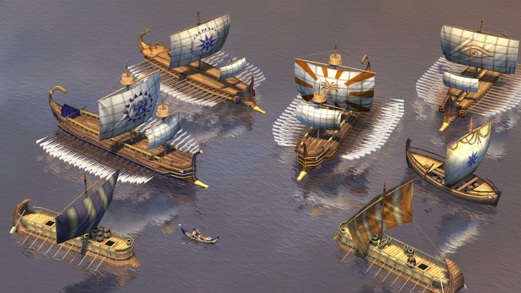 Schermata di 0 A.D. con triremi cartaginesi lungo una costa
