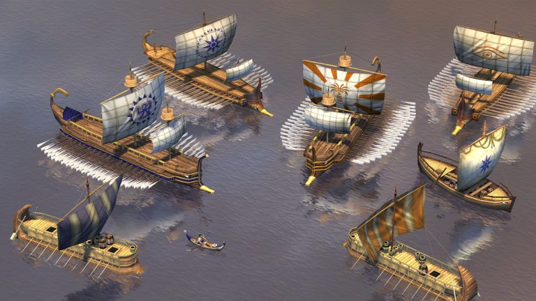 Schermata di 0 A.D. con triremi cartaginesi lungo una costa
