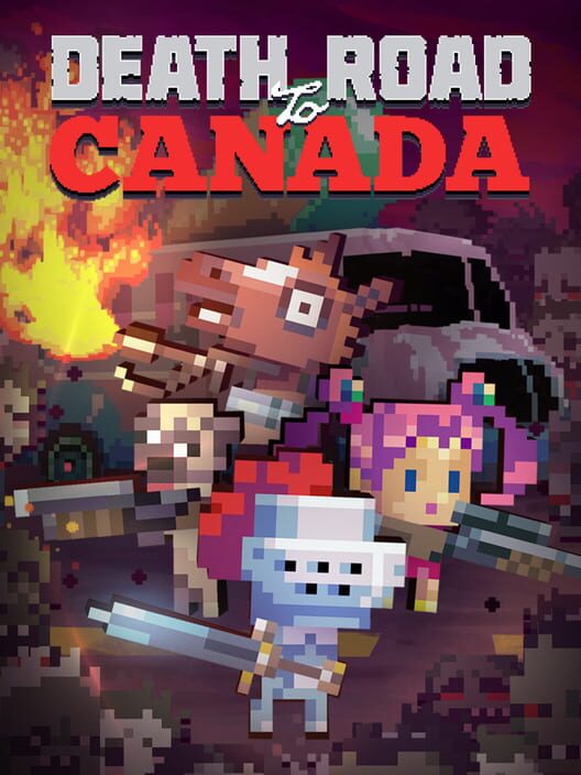 Copertina del videogioco Death Road to Canada, con sopravvissuti in pixel art a bordo di un'auto diretta verso il Canada