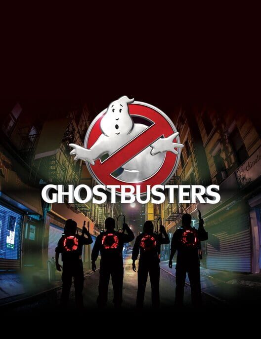 Copertina del videogioco Ghostbusters, con il celebre logo del gruppo e l'attrezzatura acchiappafantasmi