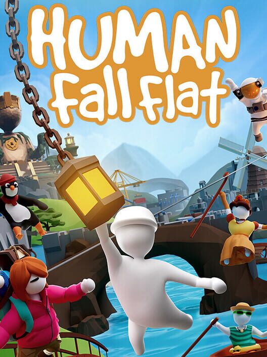 Copertina del videogioco Human: Fall Flat, con il personaggio bianco dall'aspetto morbido in un mondo fisico surreale