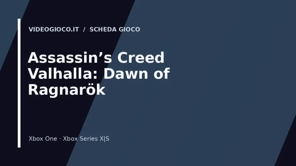 Copertina del gioco Assassin’s Creed Valhalla: Dawn of Ragnarök con visual grafico originale di proprietà di Videogioco.it.
